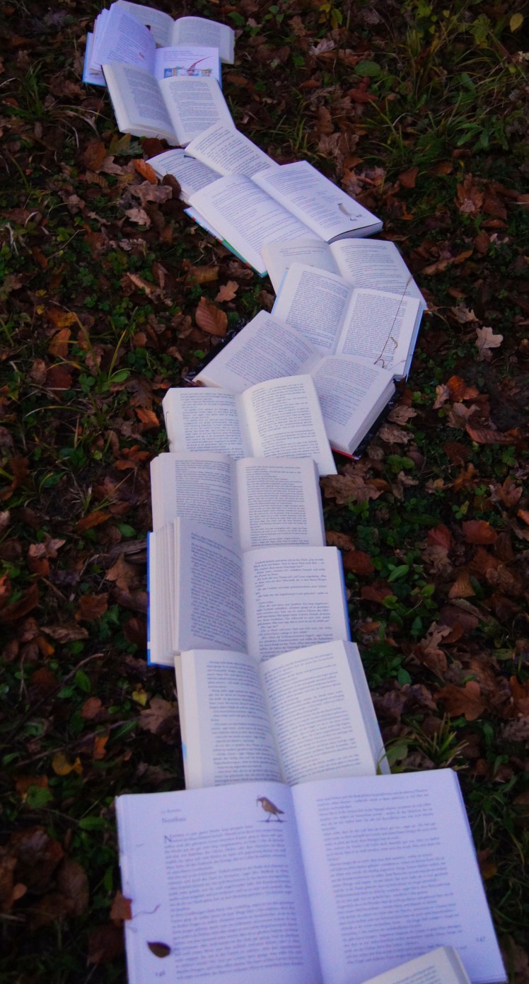 A trail made of open books over fall leaves.